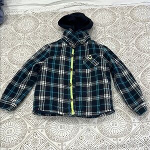 Plaid Hooded Jacket with Blue and Green Accents
